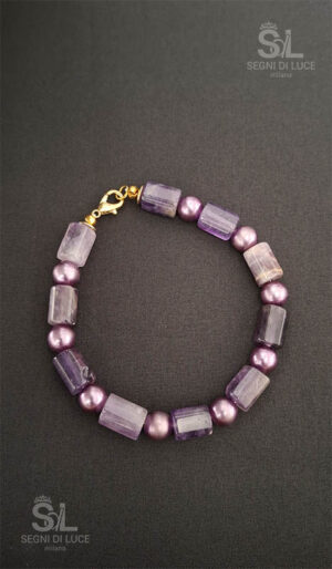 bracciale gentiana lilla viola bronzo perle pietre cilindriche